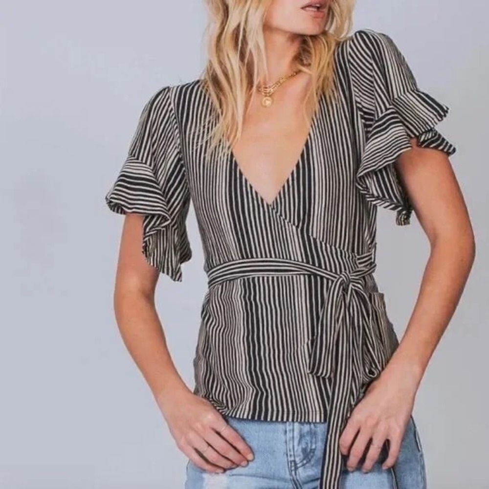 Free People Wrapped Around My Fingers Peplum Ruffle Sleeve Top Black Ivory XS
